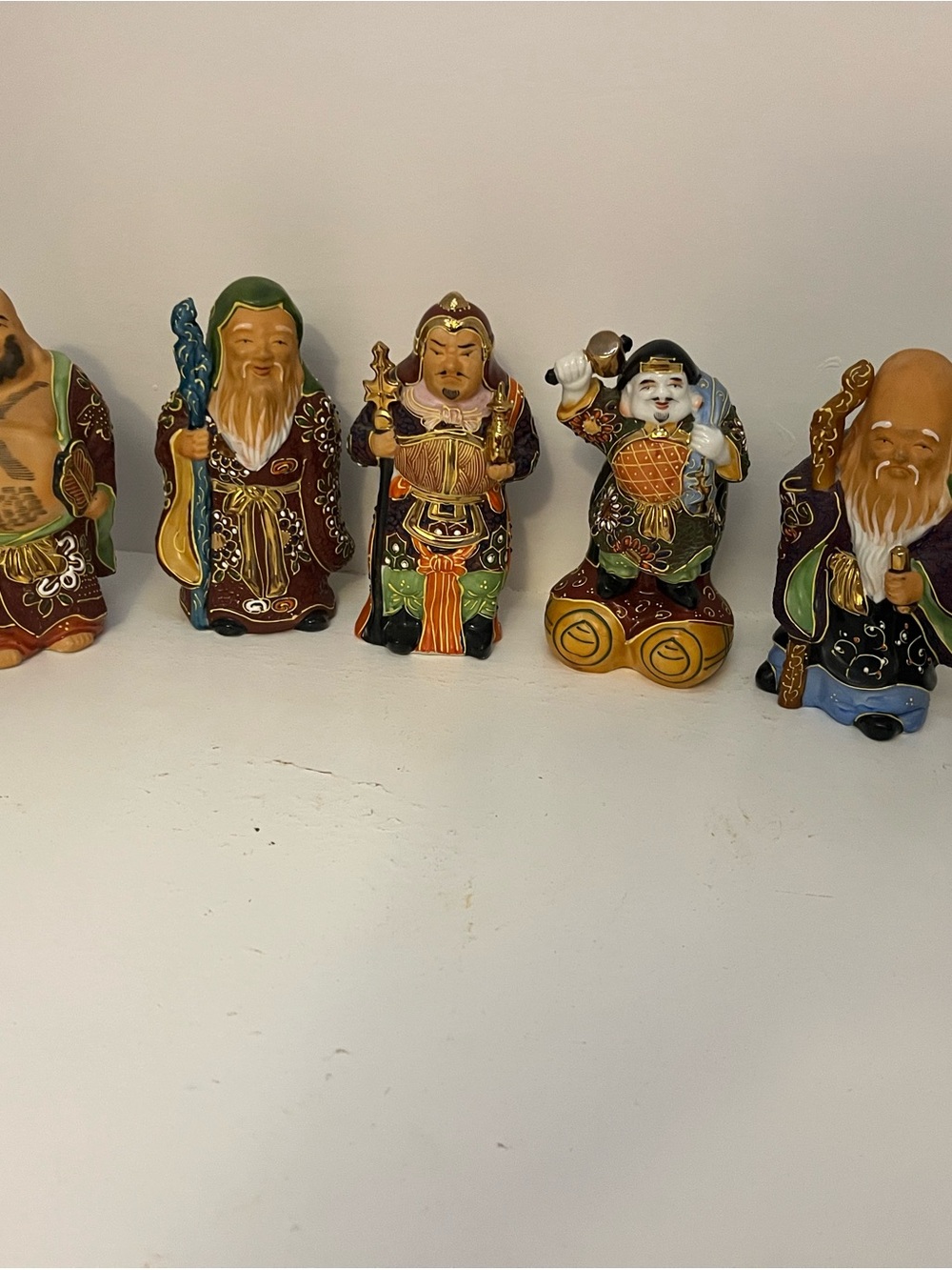 Vintage Kutani Moriage Seven Lucky Gods Porcelain Figurines Set